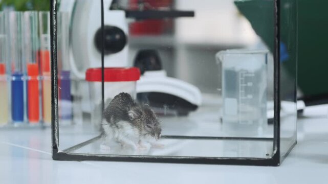 A brown and white hamster stands inside a clear glass container on a white surface in a modern laboratory filled with colorful test tubes and scientific equipment.