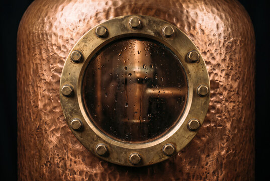Copper distillery still for whiskey spirits distillation, hammered brass porthole with condensation.
