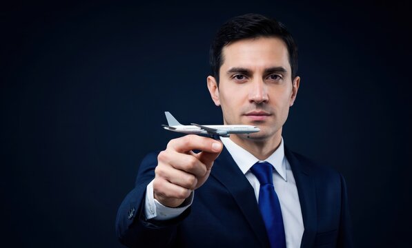 Businessman holding miniature airplane, corporate travel planning, aviation industry executive portrait