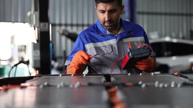 A male auto mechanic wearing insulated safety gloves uses a digital multimeter to test an electric vehicle (EV) battery in an auto repair shop.