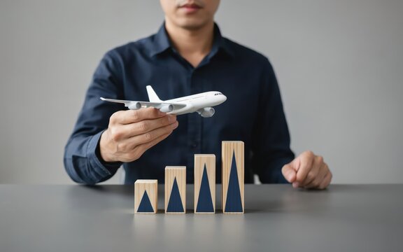 Professional businessman holding a toy airplane over growth chart blocks, tourism industry analysis