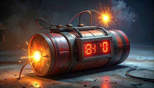 Explosive Bomb with Digital Timer and Sparks, Danger Concept