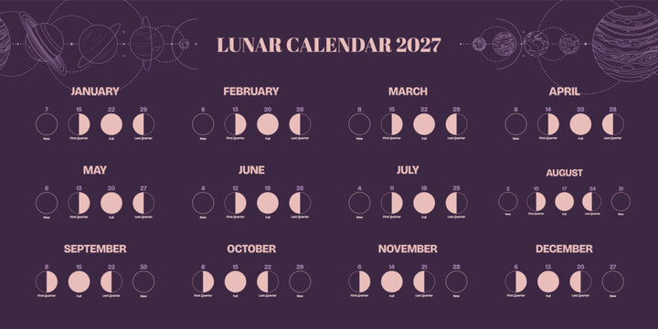 Lunar northern calendar 2027 on purple background. Astrology vector illustration