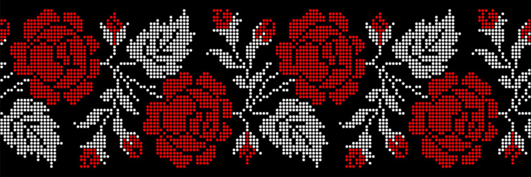 Red, white roses in a Dotted Pattern Seamless Border. This Ukrainian Vyshyvanka inspired vector embroidery features botanical floral motifs on a black background, perfect for textile or craft projects