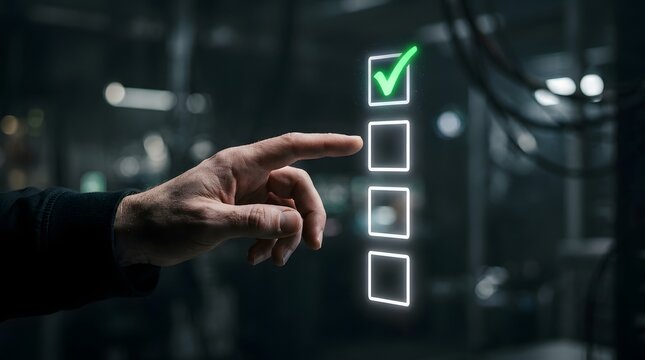 A human hand is shown selecting illuminated checkboxes on a dark digital screen interface