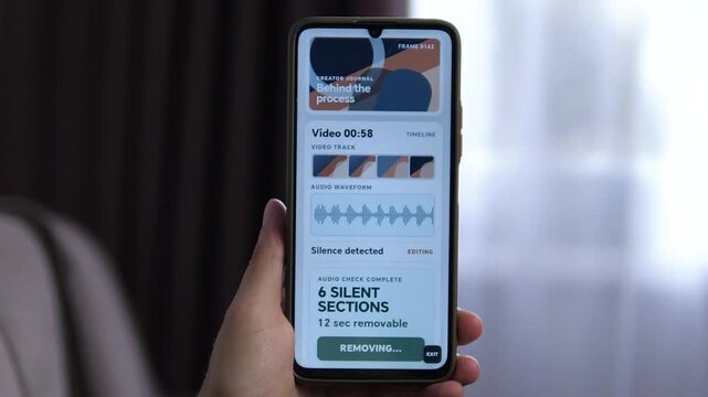 Mobile video editor detects and removes silent sections from a clip, highlighting automated audio cleanup, faster editing and efficient content creation on a smartphone.