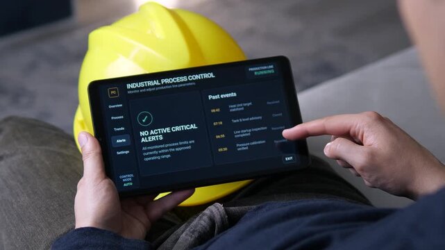 Industrial operator checks active alerts and event history on a tablet, monitoring production safety, system stability and automated process control in real time.