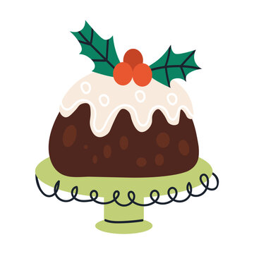 Christmas pudding with holly on a stand in a flat doodle style on a white background vector illustration