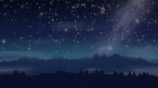 Starry night sky over paper cut mountains with shooting stars and Milky Way, flat illustration night landscape background with copy space, seamless loop