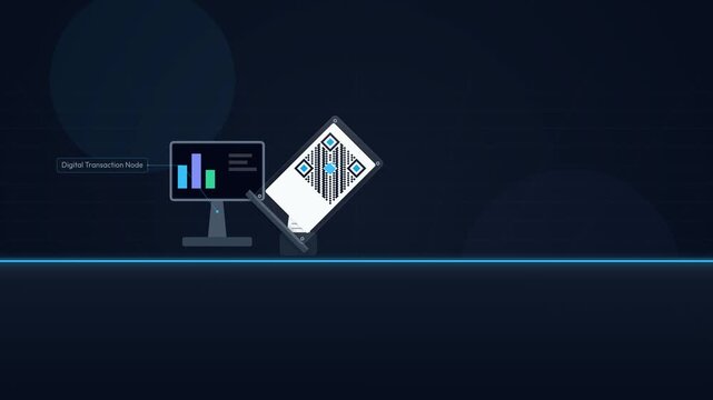 Motion graphics animation of a retail QR ecosystem illustrating frictionless micro-transactions with a smartphone scanning a code for secure digital payment and encrypted token exchange