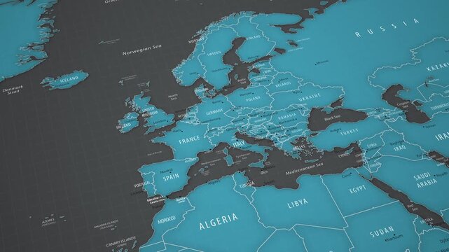 Animated political map showing the European Union countries with smooth camera movement. Detailed geographic view of Europe with countries, national borders, capitals and surrounding regions.