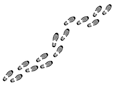 Black shoe print trail leading upwards, diagonal path of footsteps on a white background, footprint