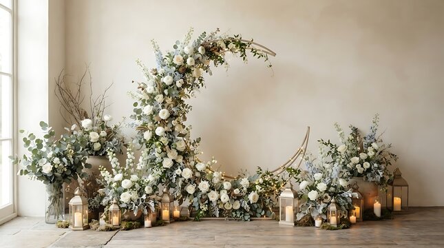 Crescent moon floral arch decoration with green leaves and white flowers for a wedding event