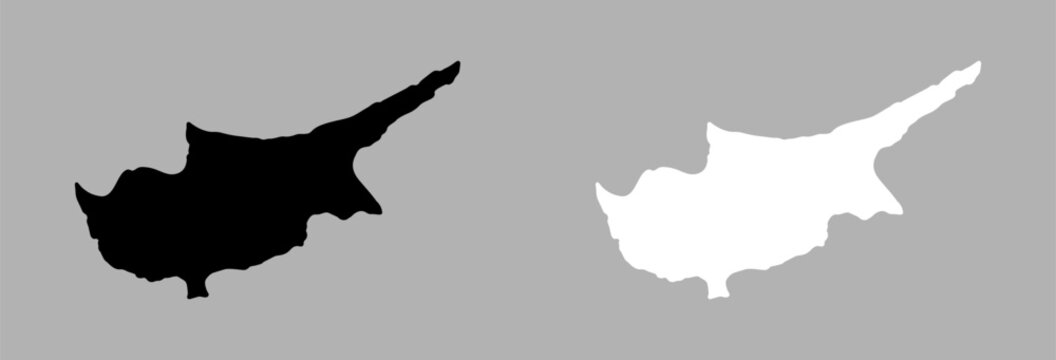 Set of Cyprus island white, black flat icons, stickers. Cyprus entirety shape of island simple silhouette from Cyprus flag.