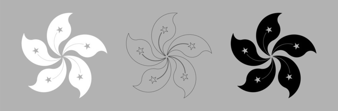 Orchid tree flower silhouette from Hong Kong flag black, white, black contour outline icon, sticker set.