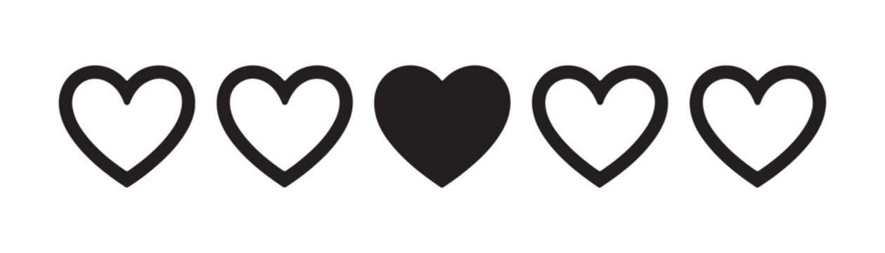 Five black heart shapes including one solid filled heart and four outlined for love or affection.