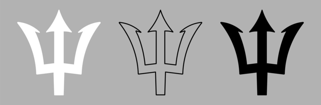Barbados national simple outline black contour, white, black symbols. Set of Trident silhouette flat sticker, badge, icon.
