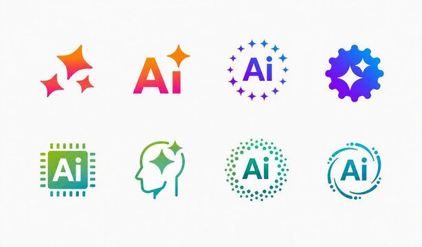 Colorful artificial intelligence icons and logos set with geometric shapes