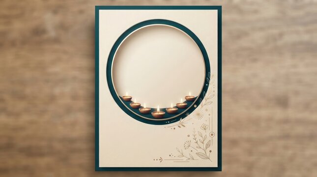 Circular diya lamp composition with dark blue frame and gold floral accents for diwali festival announcement template.