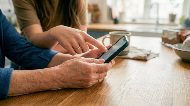Young Woman Helping Senior Mother Use Smartphone at Kitchen Table