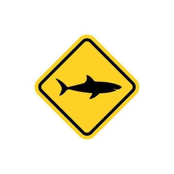 Wild shark area warning road sign isolated yellow diamond ocean wildlife caution symbol.