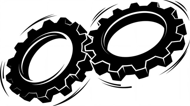 Two black mechanical gears rotating together isolated on a plain white background for industrial concepts with rotate motion against interlocking black against clean illustration engineering cogs