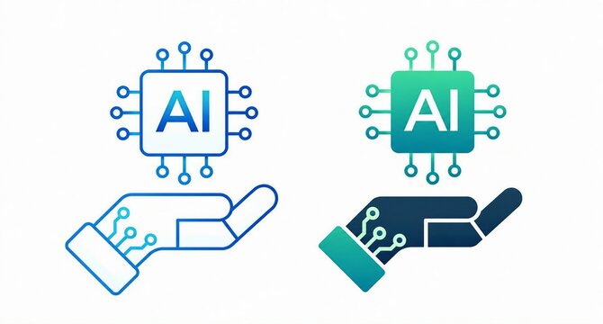 Ai technology illustration with human and robotic hand holding smartphone