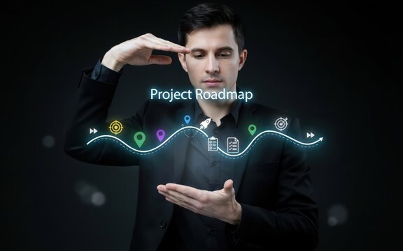 Project roadmap, businessman interacting with virtual strategy display, corporate business planning