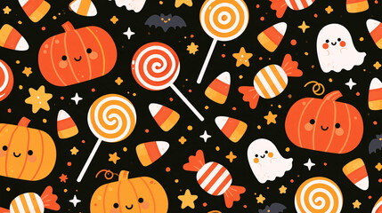 カボチャとキャンディの可愛いハロウィンシームレスパターン © hamuu