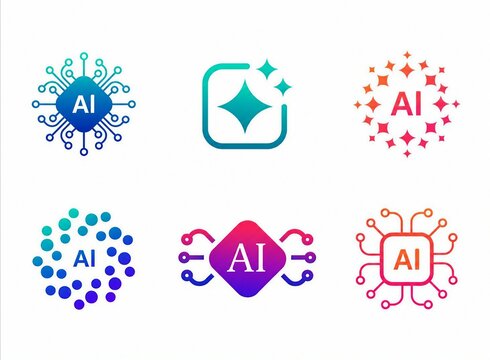 Colorful artificial intelligence logo icons set with futuristic design elements