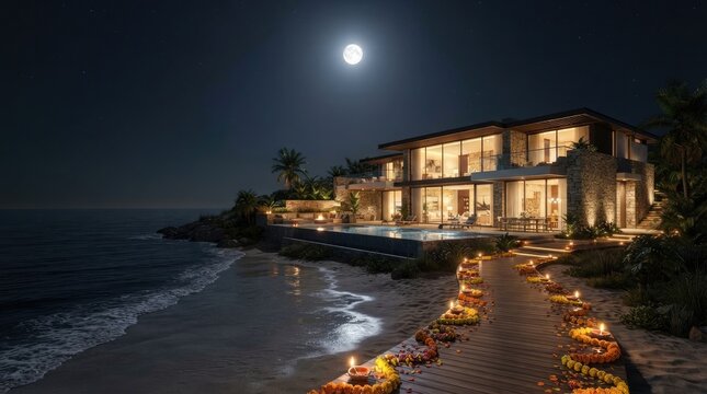 Modern luxury villa exterior at night with swimming pool and wooden walkway decorated with marigold for diwali event.