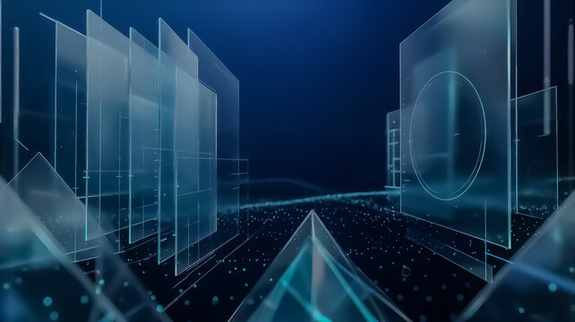 Futuristic blue digital environment featuring transparent glass panels, geometric structures, glowing interfaces, and a high-tech abstract perspective for technology concepts.