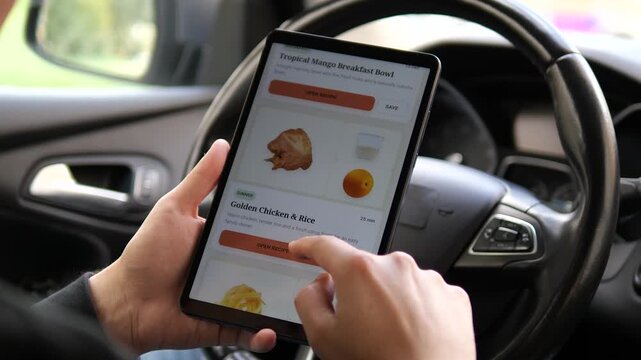 Person uses a tablet inside a car to browse digital recipes and open a chicken and rice meal, highlighting mobile cooking, meal planning and everyday food inspiration.