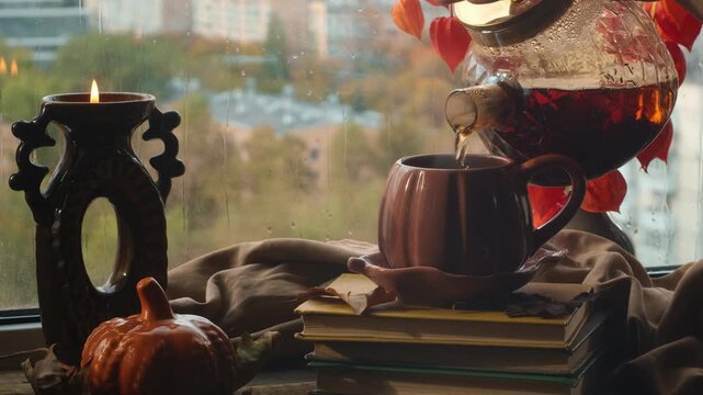 Autumn mood. Pouring tea into mug from teapot. Cup of hot drink near window. Drinking tea in cozy atmosphere indoors