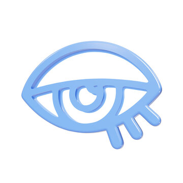 Blue glossy 3D eye icon with eyelashes isolated on black background
