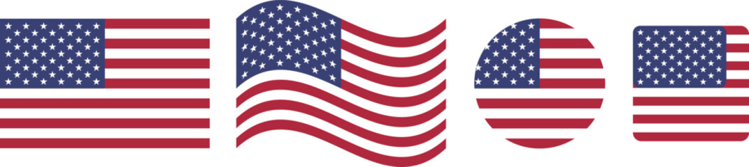 Fototapeta premium United States American flag collection featuring stars and stripes in rectangular, waving, circular and rounded rectangular shapes, patriotic national symbols for travel, branding and vector design