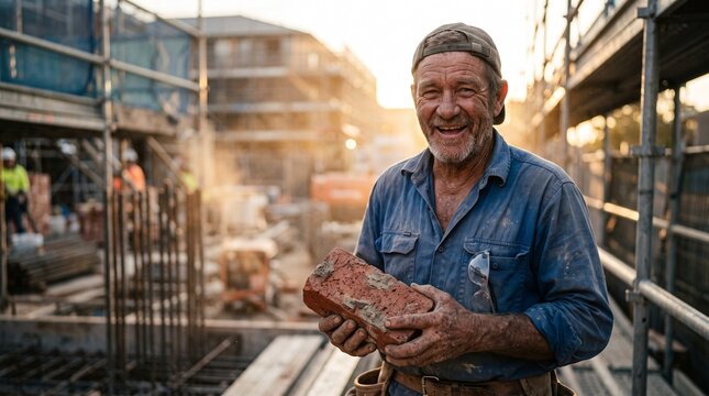 Laughing mature bricklayer in a blue work shirt and backwards cap holding a red brick between scaffolding on a construction site at golden hour