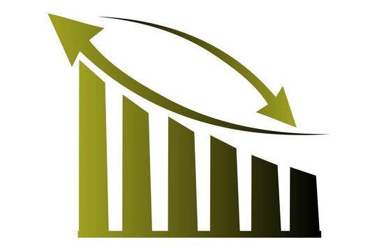 Green upward and downward arrow bar chart isolated on white background