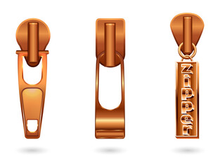 Three metallic copper zipper pulls isolated on a transparent background © SAYEDA
