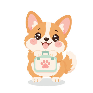 Cute corgi holding pet first aid kit for pet insurance coverage concept