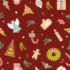 Fototapeta premium Seamless pattern with cartoon Christmas and New Year element. Winter vector illustration. New Year and Merry Christmas wallpaper.