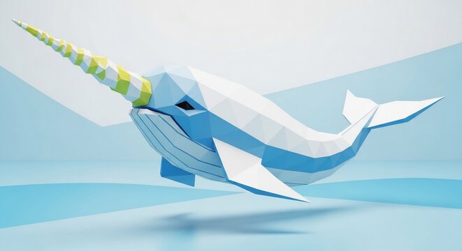 Low Poly Narwhal 3D Illustration on Blue Background