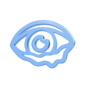 Blue glossy 3D eye icon with melting effect on black background