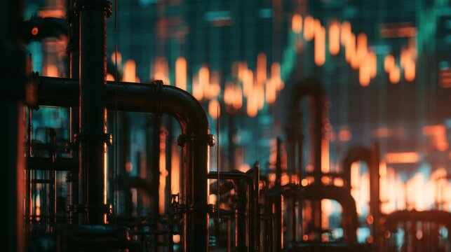 Industrial metal pipe system with glowing digital graph overlay representing energy flow and technology in manufacturing plant with dark ambient lighting
