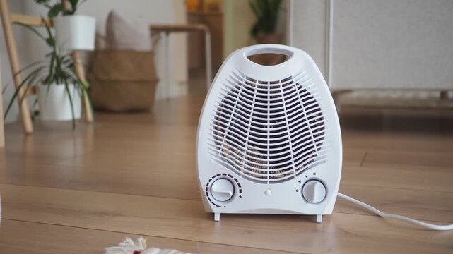 White portable electric fan heater working on wooden floor in modern apartment interior