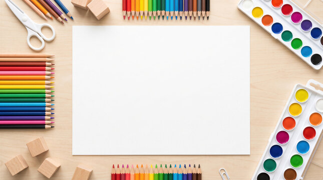 A blank sheet of drawing paper surrounded by a watercolor palette, colored pencils, and school arts and crafts supplies