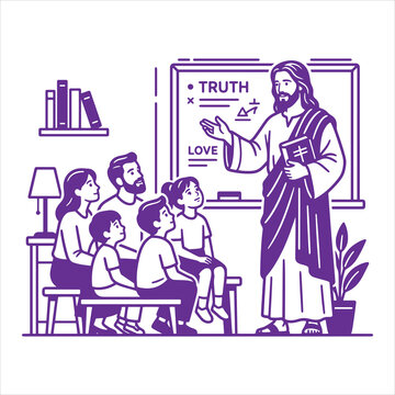 Jesus Christ teaching truth and love to family line art vector illustration