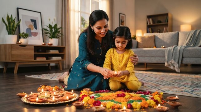 Indian mother and daughter sitting on floor while lighting diyas for traditional hindu festival of diwali home.