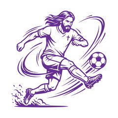 Fototapeta premium Jesus Christ kicking soccer ball line art vector illustration