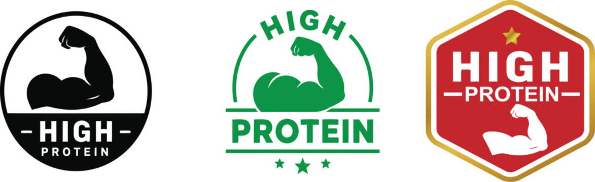 High protein food labels with bicep muscle icons, set of 3 nutritional supplement badges, fitness and bodybuilding product stickers for packaging on transparent background